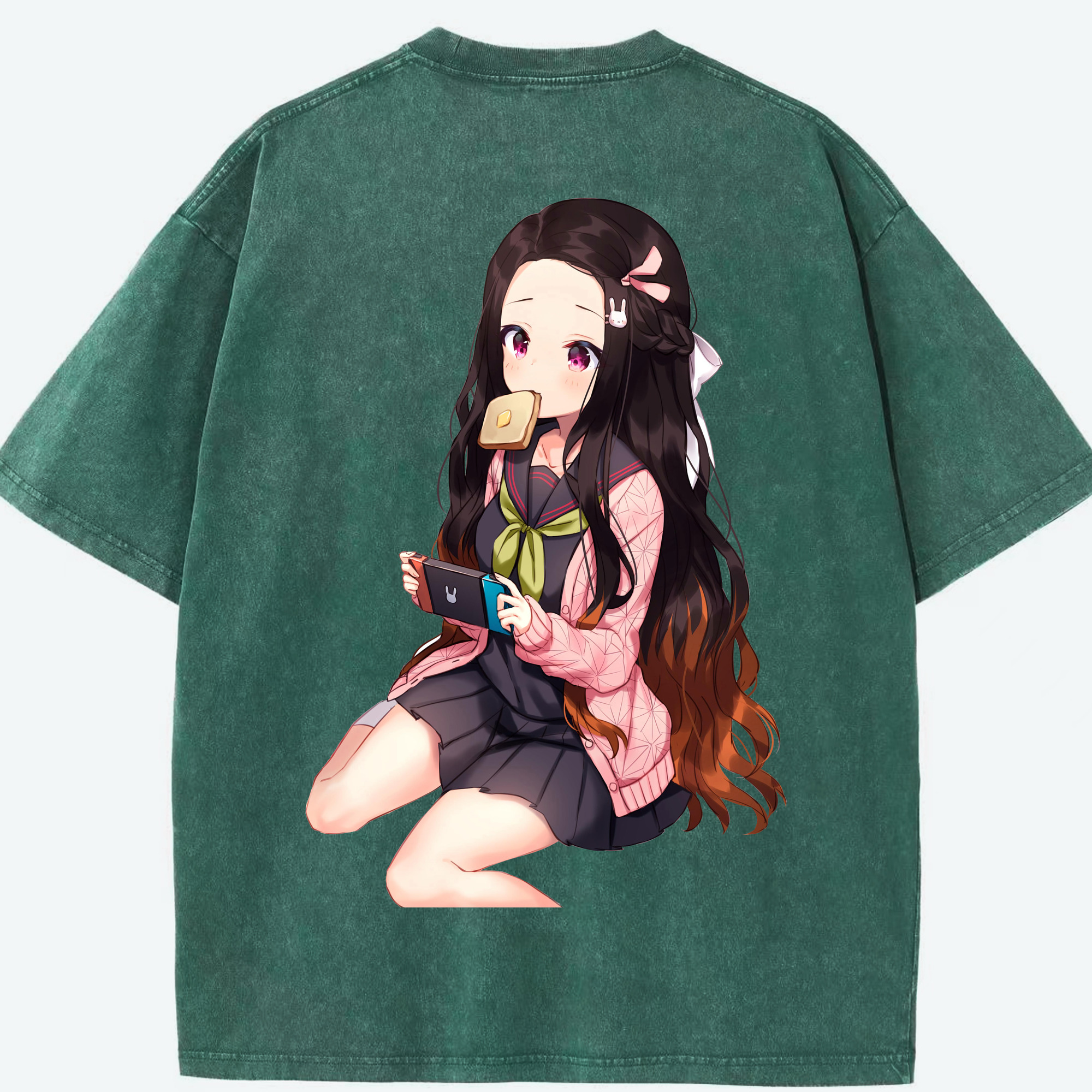 （画像用） 鬼滅の刃（きめつのやいば）竈門 禰󠄀豆子／かまど ねずこ Kamado Nezuko 綿100% ヴィンテージ風 半袖Tシャツ（背面プリント）